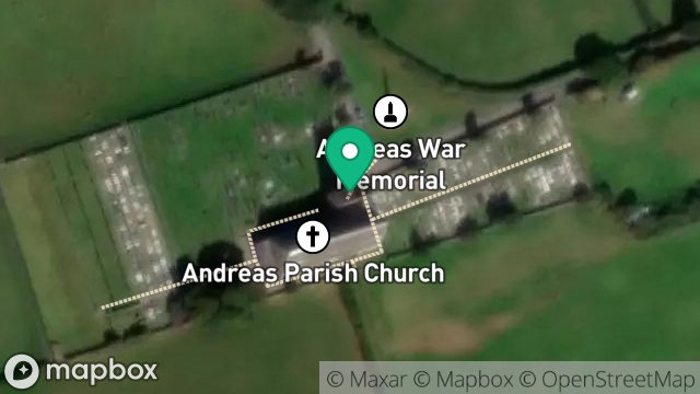 Map showing SIGNAGE, ANDREAS PARISH CHURCH, LANE FROM ANDREAS ROAD TO ANDREAS VILLAGE, ANDREAS VILLAGE, ISLE OF MAN, IM7 4HH