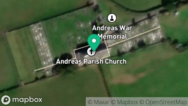 Map showing ANDREAS PARISH CHURCH, LANE FROM ANDREAS ROAD TO ANDREAS VILLAGE, ANDREAS VILLAGE, ISLE OF MAN, IM7 4HH