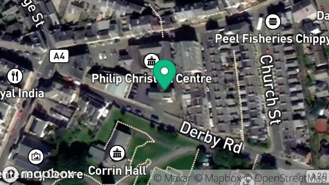 Map showing TOURIST INFORMATION CENTRE, TOWN HALL, DERBY ROAD, PEEL, ISLE OF MAN, IM5 1HH