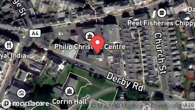 Map showing TOURIST INFORMATION CENTRE, TOWN HALL, DERBY ROAD, PEEL, ISLE OF MAN, IM5 1HH